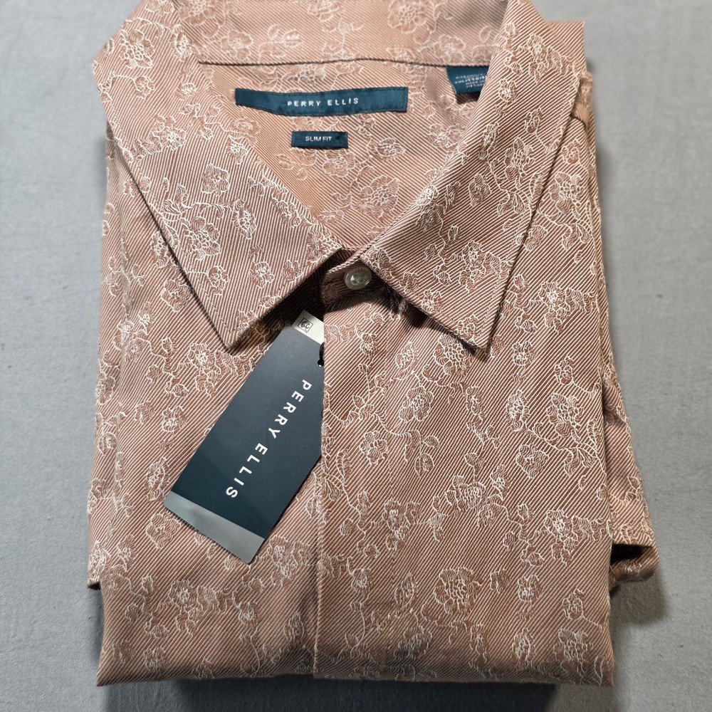 NEW Perry Ellis Slim Fit Floral Jacquard Button Down Shirt Aztec Tan/Pink XXL